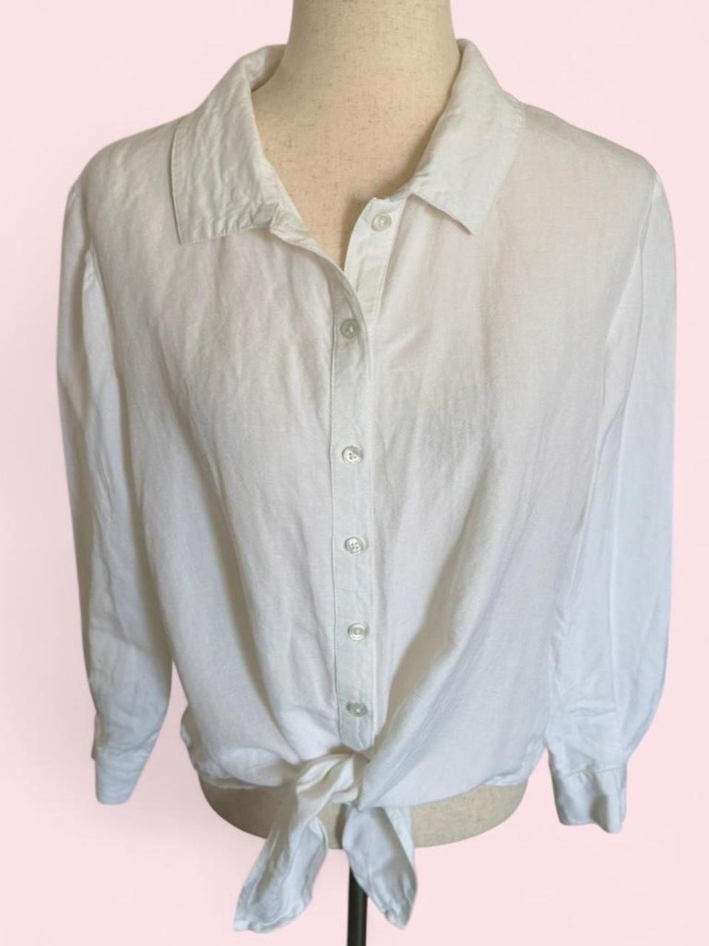 Boston Proper Womens Large White Linen Blend Tie Front Button Up Shirt Coastal